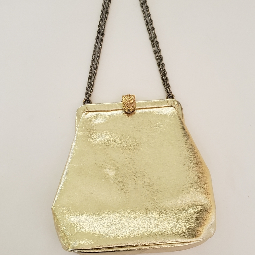 Vintage Wearwell Gold Evening Bag Handbag Purse w Chain Strap & Clasp Closure